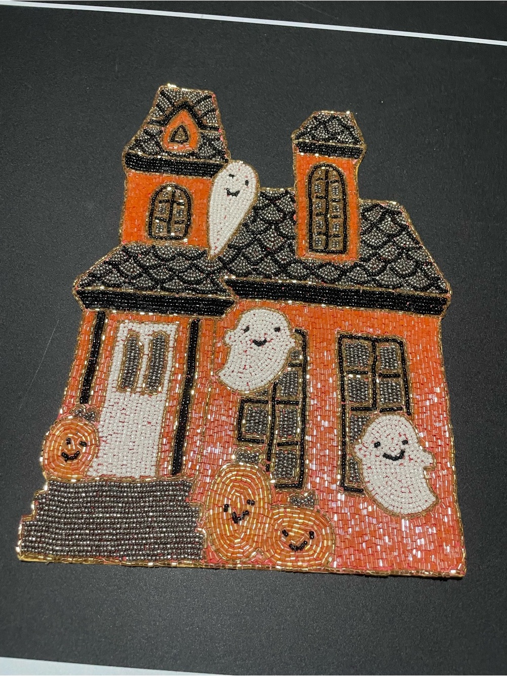 Handcrafted Beaded Haunted House Halloween placemats charger
